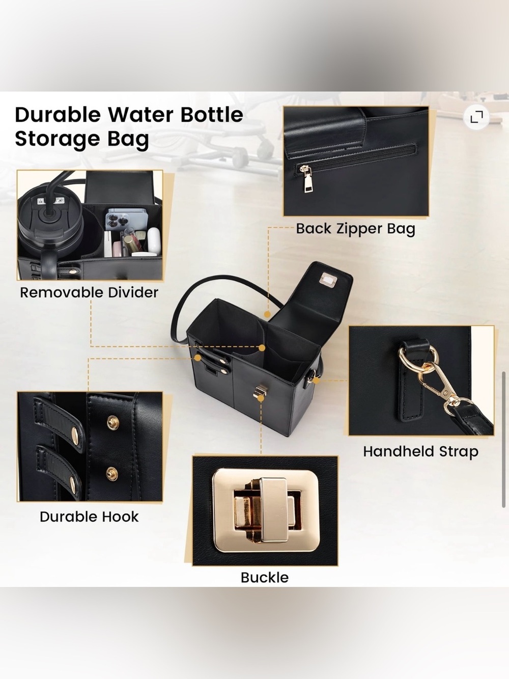 Black Structured Crossbody Bag with Cup Holder - Picture 5 of 14